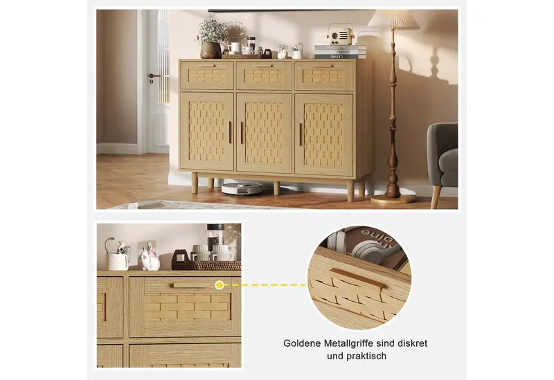 Simurq Sideboard Küchenschrank mit Rattangeflecht,3 Türen & 3 Schubladen,108x40x80 cm (2 Pakete, Aufbewahrungsschrank für Küche, Esszimmer, Rattan Kommode mit Verstellbaren Ablagen,Buffetschrank), Platzsparend,Pflegeleicht,Stabil,Verstellbare Einlegeböden, Natur, – Produktbild 5 von 5