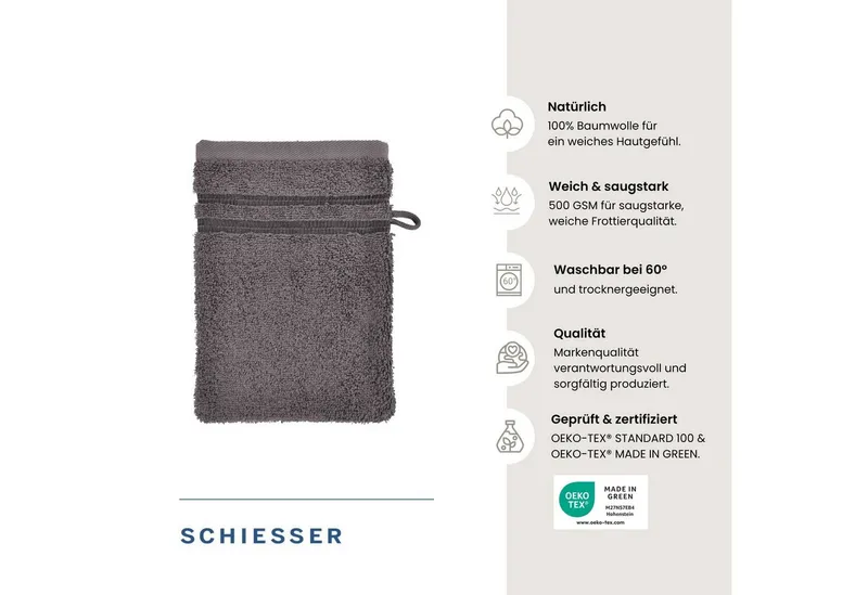 Schiesser Schiesser Waschhandschuh Milano Waschhandschuh-Set aus weicher Baumwolle in Frottier-Qualität, (5-St), mit Webbordüre, Grau, – Produktbild 2 von 5