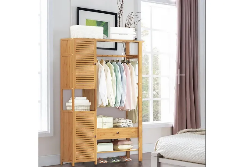 WAOHO Kleiderschrank kleiderschrank Bambus, Garderobenständer mit Schrank und Schublade, Beige, – Produktbild 5 von 5