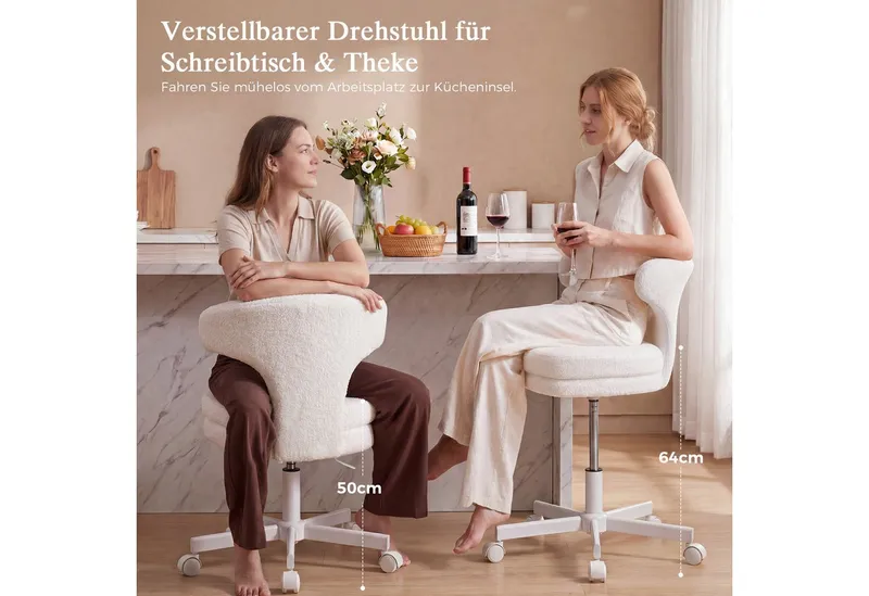 COMHOMA Bürostuhl Homeoffice Stuhl Schminkstuhl mit Rollen, Drehstuhl, mit Umschließender Rückenlehne und Zweilagiges Sitzkissen, Weiß, – Produktbild 3 von 5