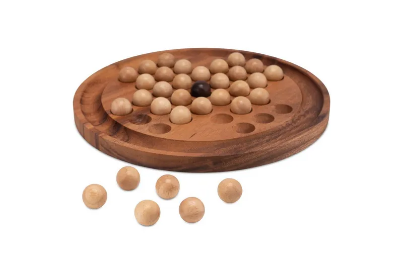 LOGOPLAY Spiel Solitär rund mit hellen Kugeln, Gesellschaftsspiel, Solitär XL rund Edles Knobelspiel aus Samena-Holz mit Holzkugeln Ø 26, Beige, – Produktbild 4 von 5