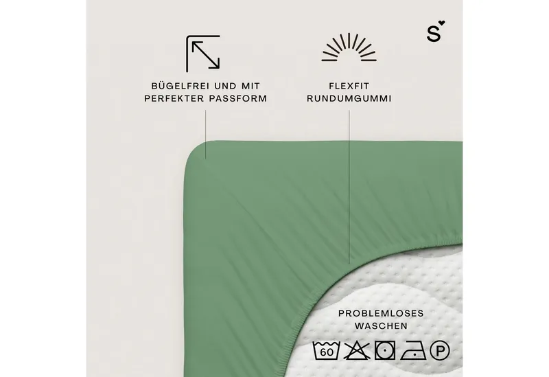 Schlafgut Schlafgut Spannbettlaken Basic Cotton Bettlaken, 160 g/m², 100% Baumwolle, Spannbetttuch, Jersey, Gummizug: rundum, (1 Stück), Spannbettlaken bis 20 cm Matratzenhöhe, bügelfrei und pflegeleicht, Grün, – Produktbild 8 von 8
