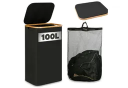 SURFOU Wäschekorb Wäschesammler mit Deckel Laundry Baskets Waschesammelbox Wäschetonne (100L Große Speicherkapazität Faltbarer Wäschesack aus Oxford-Gewebe Bambus Wäschebox mit Griff, Grau/Schwarz, Laundry Baskets, Wäschetonne für Schmutzwäsche, mit herausnehmbaren und waschbaren Innensäcken), ideal für Schlafzimmer, Badezimmer und Waschküche – Produktbild 1 von 1