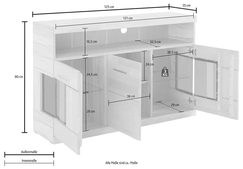 OTTO home Sideboard Ribe,130cm breit,Fronten Massivholz,2Türen mit gehärtetem Glaseinsatz, Korpus aus Holzwerkstoff, Metall Griffe,7 Fächer, Böden versetzbar, Braun, – Produktbild 7 von 8