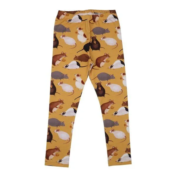 Walkiddy Kinder Leggings GOTS zertifiziert, senfgelb, „Playful Mouses“ Allover, Bio-Baumwolle, weich – Walkiddy – Produktbild 1 von 2