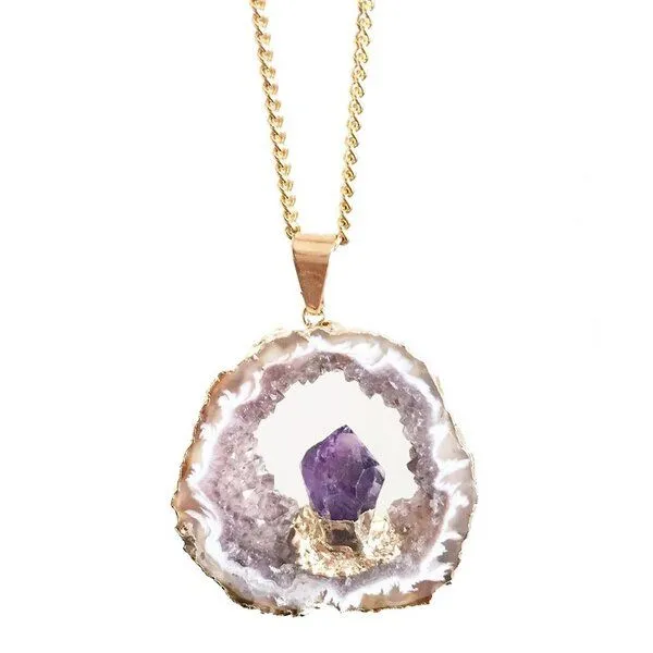 Crystal and Sage Crystal and Sage Achat und Amethyst Halskette mit einer Achatscheibe und eingefasstem Amethyst, Gold, – Produktbild 1 von 3