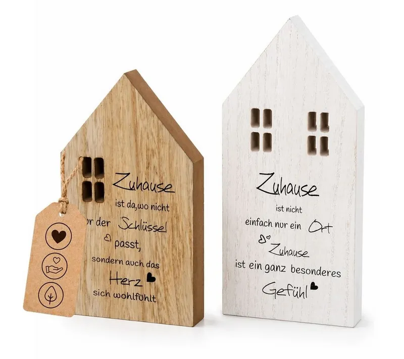 Topanbieter999 Dekoobjekt Holz Deko Häuser mit Sprüchen Set (2er Set weiß/natur), handgearbeitet, FSC 100%, kein Aufbau erforderlich – Produktbild 1 von 5