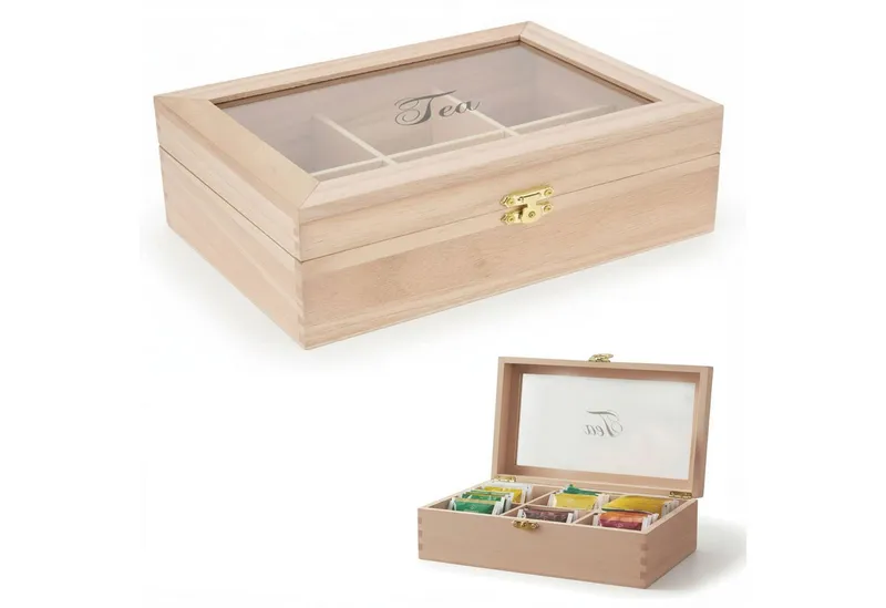 LS-LebenStil Teebox Holz Aufbewahrungsbox Teebox 6 Fächer mit Deckel für Teebeutel, Bambus, (Nachhaltige Teekiste Holzkiste Slogan Tea, 1-tlg., mit durchsichtigem Glas-Deckel Organizer Aufbewahrung für Tee), Braun, – Produktbild 1 von 5