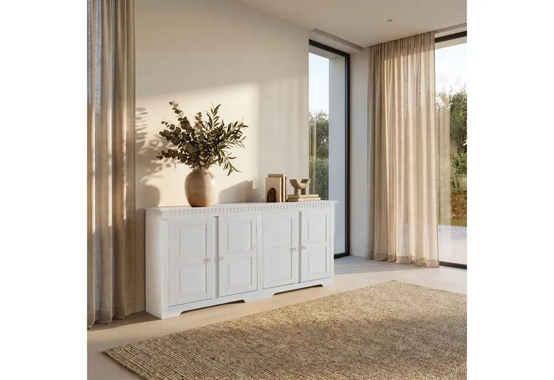OTTO home Sideboard Lisa Kommode mit dekorativen Fräsungen und verstellbaren Einlegeböden, Kiefernholz mit 4 Türen und 2 verstellbaren Einlegeböden, Knopfgriffe, Weiß, – Produktbild 4 von 5