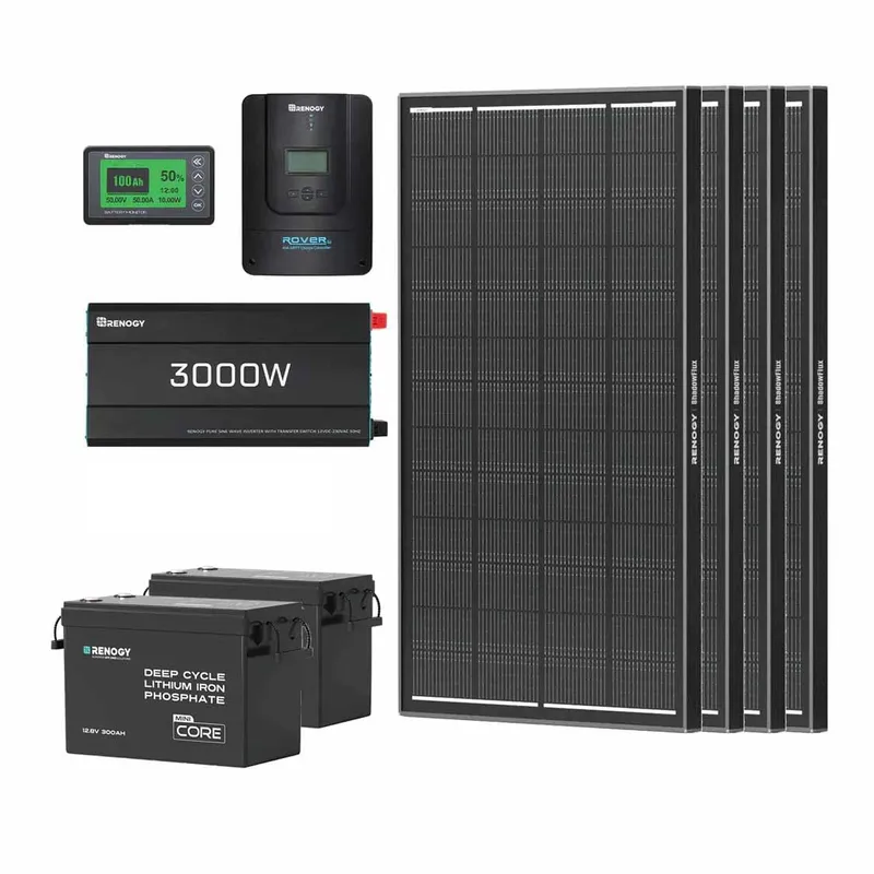 Renogy DE 7,68 kWh Solaranlage| Core mini 2 x 300Ah Lithium Batterie, 3000W Wechselrichter, 60A - inkl. 19% MwSt. / mit 4 Stück 200W Shadow Flux Solarmodule – Produktbild 1 von 1