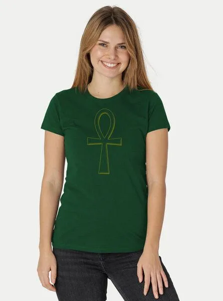 Peaces.bio - handbedruckte Biomode Peaces.bio - handbedruckte Biomode Damen Fit T-Shirt Ankh, Flaschengrün, – Produktbild 2 von 2
