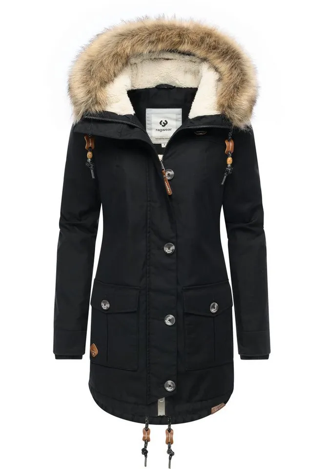 ragwear ragwear Wintermantel Jane YOUMODO Winter Kurzmantel mit Kapuze und Kunstfellkragen, Schwarz, – Produktbild 1 von 4
