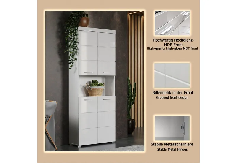 welltime Hochschrank Avena Badschrank 4-türig mit o. Fach und 4 Einlegeböden - B/T/H 73/31/190 cm, Weiß, – Produktbild 1 von 4