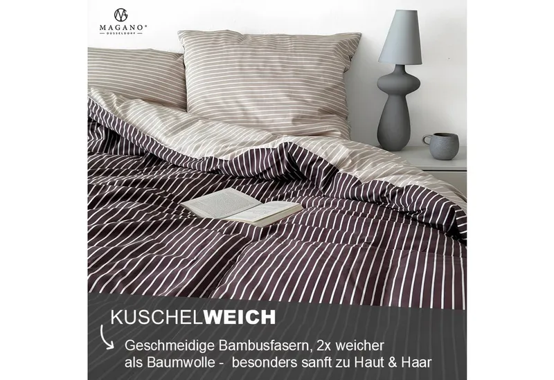 MAGANO Spannbettlaken, Luxus Streifen Bettlaken aus Bambus & Baumwolle Satin, Gummizug: rundum, 400 TC Luxusqualität, Hypoallergen, Thermoregulierend, Beige|braun, – Produktbild 3 von 4