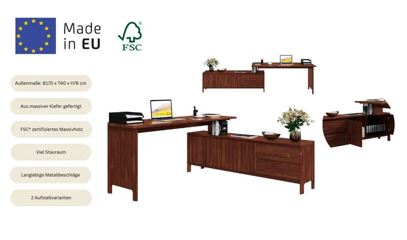 OTTO home Schreibtisch Luven, aus Massivholz, in 2 Breiten, variable Nutzung als Schreibtisch oder Eckschreibtisch, Braun, – Produktbild 1 von 5
