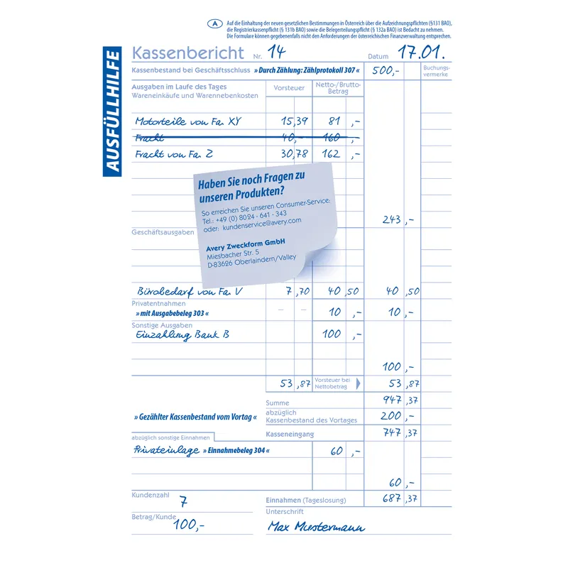 Avery Zweckform Avery Zweckform Formularbuch '305' Kassenbericht ECF – Produktbild 1 von 3