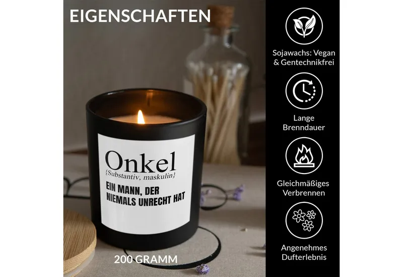 22Feels Duftkerze Deko Bester Onkel Geschenk Bday Weihnachten Mann von Nichte Neffe, MADE IN GERMANY, Europäisches Sojawachs, Handgegossen, Schwarz, – Produktbild 2 von 5