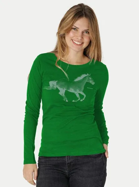 Peaces.bio - handbedruckte Biomode Peaces.bio - handbedruckte Biomode Bio-Damen-Langarmshirt Horsepower, Grün, – Produktbild 1 von 2