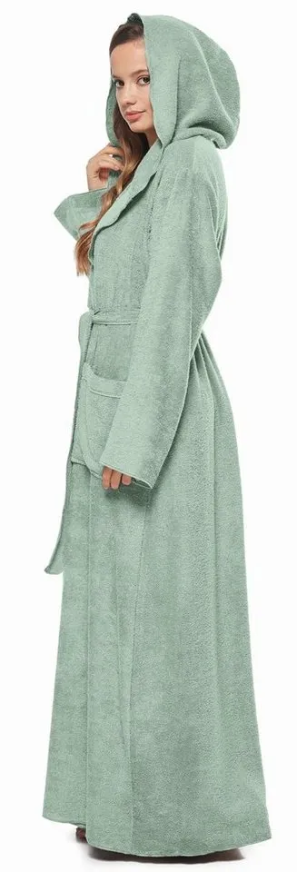 Arus Arus Damenbademantel Angel, extra lang, mit Kapuze, ideal für Zuhause & Wellness, Langform, 100% Baumwolle, Kapuze, Gürtel, mit Kapuze, extra lang, leicht, 100 % Baumwolle-Frottee, Grün, – Produktbild 3 von 5
