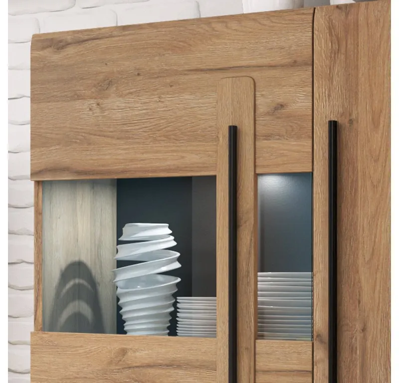 Lomadox Wohnwand TURDA-83, (2-St., Couchtisch Highboard Lowboard Sideboard Vitrine Wandregal), Eiche braun Metallgriffe inkl. LED Beleuchtung modern nachhaltig, Braun, – Produktbild 5 von 5