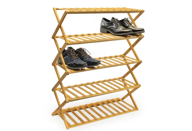 Spetebo Schuhregal Klappbares Bambus Schuhregal mit 5 Ablagen, Anzahl 1-tlg., platzsparendes Aufbewahrungsregal für Schuhe, Beige, – Produktbild 5 von 5