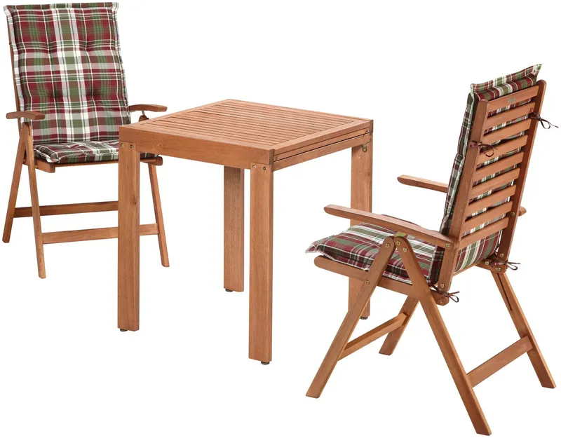 Merxx Merxx Balkonset Borkum, (5-tlg., 2x Klappsessel, inkl. Kissen, 1x Balkonausziehtisch 65(130)x65 cm), Eukalyptusholz, FSC® Mix, geeignet für 2 Personen, Braun, – Produktbild 1 von 5