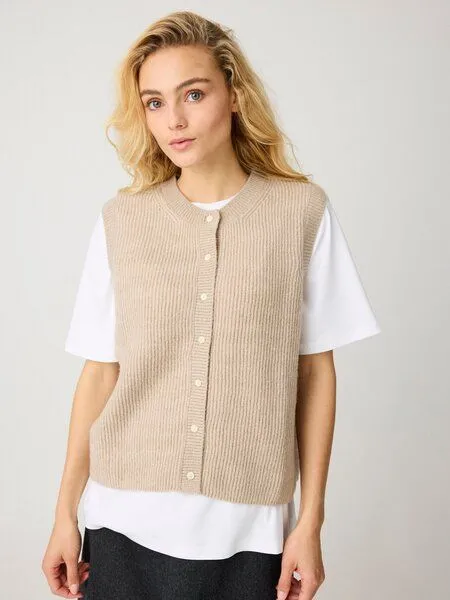 KnowledgeCotton Apparel KnowledgeCotton Apparel Soufflé Strick-Weste mit Rundhalsausschnitt - Relaxed Fit - aus recyceltem Polyester, Beige-light-feather-gray, – Produktbild 1 von 4
