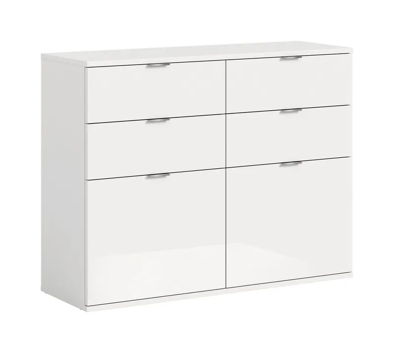 furnling Kommode Professor, 2 Klappen, 4 Schubladen, Hochglanz Front, Breite 110 cm, Weiß, – Produktbild 1 von 5