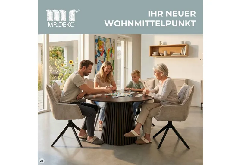 MR.DEKO Esstisch Diningtisch Esszimmertisch Barletta Smoked Oak rund 120 cm FSC®100%, Runde Tischplatte aus Eiche, Gestell Lamellenoptik, Esszimmer, Braun, – Produktbild 2 von 5