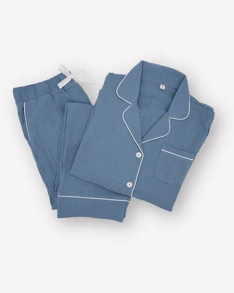 Hutch&Putch Hutch&Putch Musselin Pyjama Set 2-teilig Langarm Damen, Dusty blue, – Produktbild 1 von 1