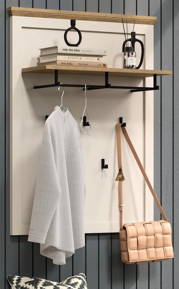 Furn.Design Garderobenpaneel Cozy (Wandgarderobe in Kaschmir mit Eiche, 8 Haken, 76 x 100 cm), stabile Metall-Kleiderstange, Beige, – Produktbild 5 von 5