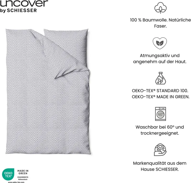 uncover by SCHIESSER Bettwäsche Grebur aus weicher Baumwolle mit einem dezenten Zickzackmuster, Renforcé, 2 teilig, OEKO-TEX® MADE IN GREEN, Grau, – Produktbild 1 von 5
