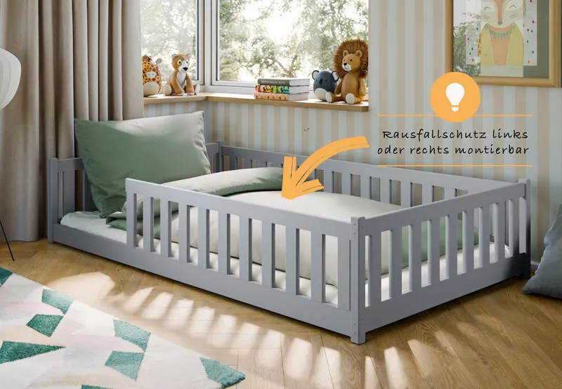 Kids Collective Kinderbett Bodenbett Bett mit Rausfallschutz & Lattenrost Montessori Bett Kinder (Jungen, Mädchen, Kinder, weitere Größen 80x160, 80x180, 90x190, 90x200, 140x200 cm), Jugendbett Gitterbett Einzelbett, Aschgrau Kiefer 120x200 cm, Grau, – Produktbild 5 von 5