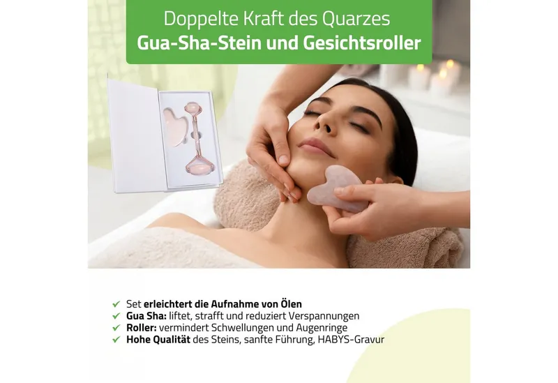 Habys Massageliege Gesichts-Massage-Set Rosenquarz Gua Sha + Roller + Mandelöl 100 ml, Rosa, – Produktbild 2 von 5