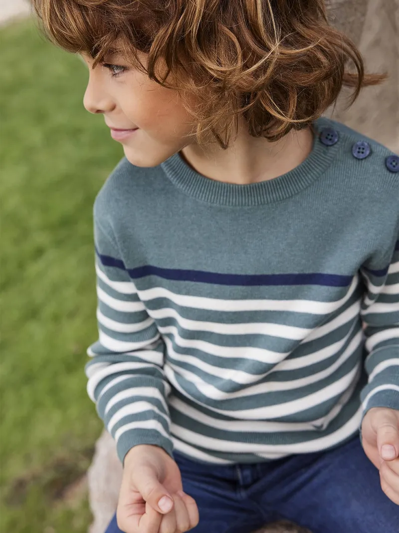 Vertbaudet Jungen Streifenpullover, Graugrün/weiß gestreift, – Produktbild 1 von 4