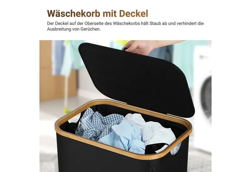 Clanmacy Wäschekorb Wäschekorb mit Deckel, herausnehmbarer Wäschesack, Wäschesortiererl, Schwarz, – Produktbild 3 von 5
