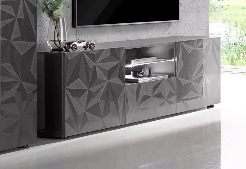 Home affaire Lowboard Prisma Breite 181 cm, TV-Board 2 Türen, 1 Schubkasten, TV-Schrank, Front mit elegantem Siebdruck, grifflos, viel Stauraum, Grau, – Produktbild 3 von 5