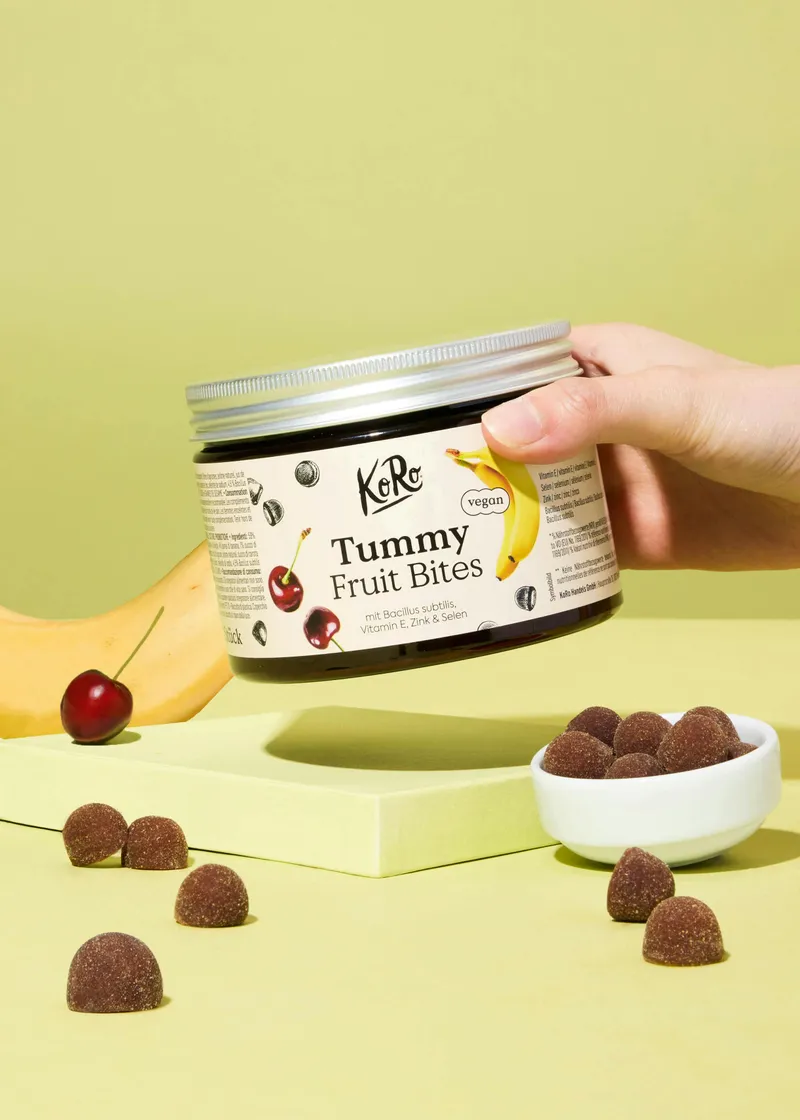 KoRo Tummy Fruit Bites mit lebenden Kulturen, Vitamin E, Zink & Selen 120 Stück – Produktbild 1 von 5