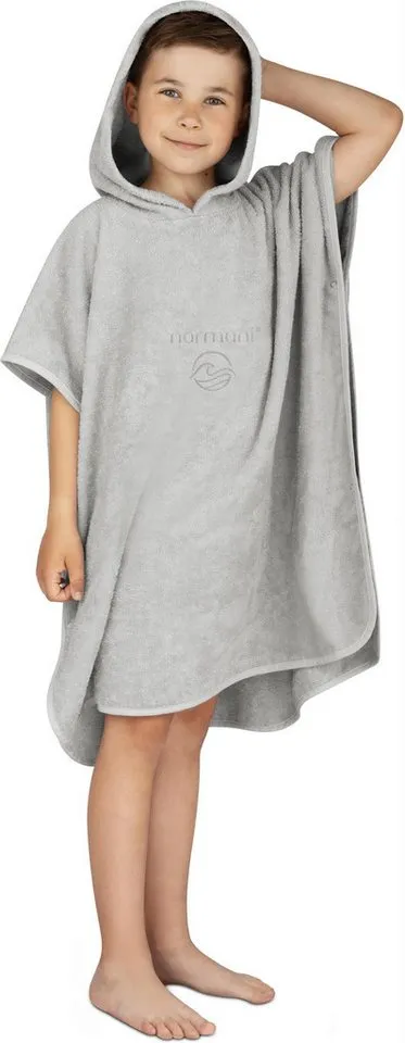 normani Badeponcho Badeponcho aus Bio-Baumwolle für Kinder, Bio-Baumwolle, Kapuze, Schlupf, Kinderbademantel mit Kapuze Strandponcho, Beige|grau, – Produktbild 2 von 5
