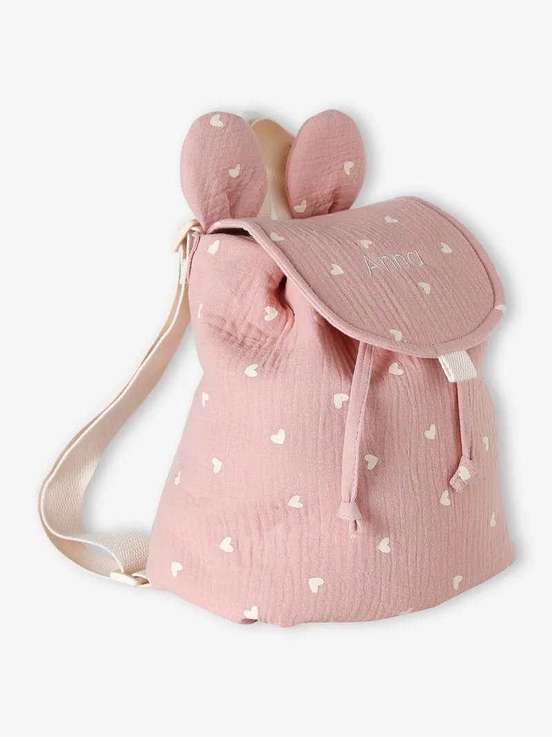 Vertbaudet Kinder Kita-Rucksack aus Musselin mit Ohren, Rosa herzen, – Produktbild 4 von 4