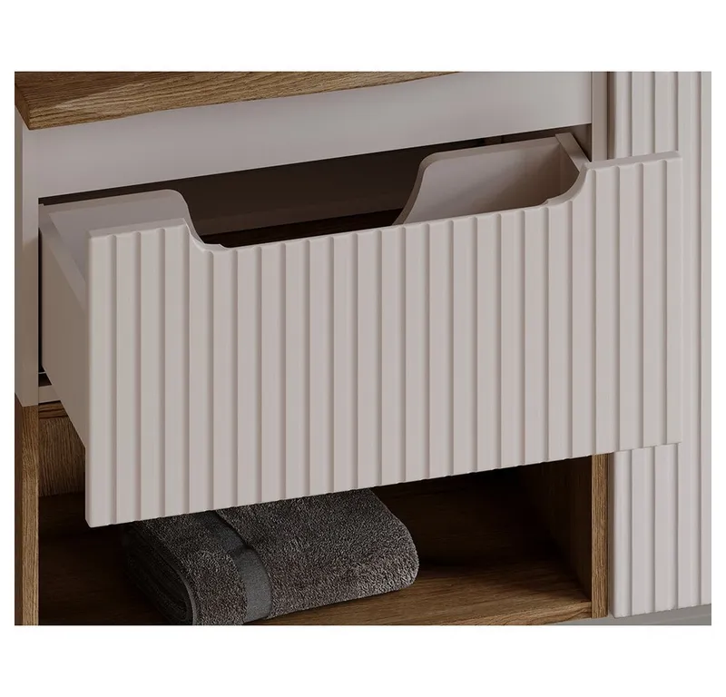 Lomadox Waschtisch NEWPORT-56-CASHMERE, in kaschmir & Eiche, gerillte Front, geringe Tiefe für kleine Bäder, Weiß, – Produktbild 2 von 5