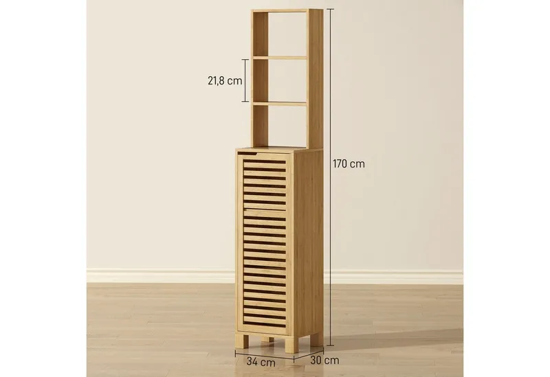 HOMCOM HOMCOM Badkommode Badezimmerschrank, Hochschrank mit 3 offenen Regalen, Lamellentür (Badezimmerschrank aus Bambus, 1 St., Badschrank), für Badezimmer, Wohnzimmer 34 x 30 x 170 cm, Beige, – Produktbild 3 von 4