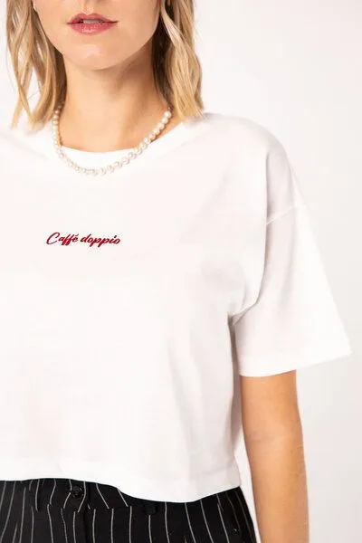 Coffee Fashion Coffee Fashion Caffé doppio Besticktes Bio Baumwoll Crop Top, Weiss, – Produktbild 1 von 3