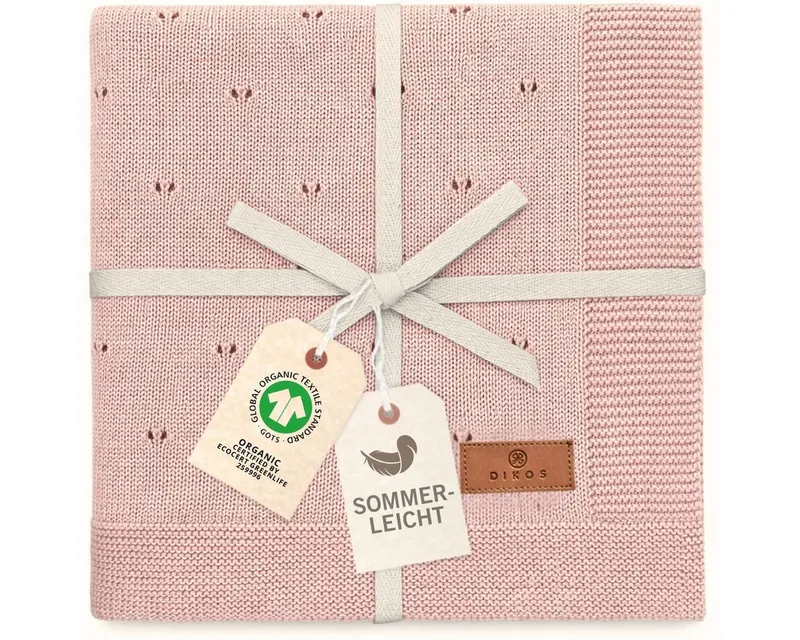 Babydecke DIKOS® aus *100%* Bio Baumwolle, Strickdecke, Geschenk zur Geburt, DIKOS, PREMIUM Qualität, Sommerdecke Ajour, 75x100, atmungsaktiv, weich, Rosa, – Produktbild 1 von 5
