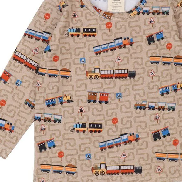 Walkiddy Kinder Langarmshirt GOTS zertifiziert, Bio-Baumwolle, braun, „Tiny Trains“, Zug-Muster, weich – Walkiddy, Braun, – Produktbild 2 von 2