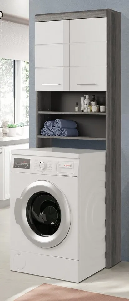 Inn.Furn Waschmaschinenumbauschrank Shawn (Waschmaschinenschrank weiß und grau Rauchsilber, für Geräte 60 cm) Hochglanz, Weiß, – Produktbild 2 von 5