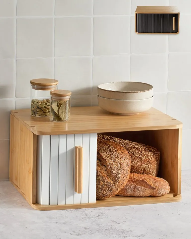 Praknu Brotkasten Brotkasten Groß aus FSC® Bambusholz mit Schiebetür - Brotaufbewahrung, Bambus, (Brotkasten Bambus, Brotkasten aus Bambus mit Schiebetür), FSC® Holz - Platzsparend und stilvolle Brotbox für längere Frische, Beige|braun, – Produktbild 2 von 5