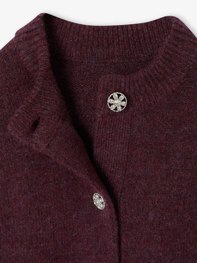 Vertbaudet Strickjacke Schmuckknöpfe Mädchen 42% Recycling-Polyester GRS-zertifiziert, Pflaume, – Produktbild 3 von 5