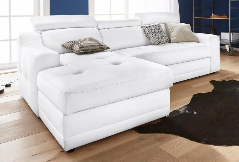 exxpo - sofa fashion Ecksofa Lotos, bequem & funktionell, Federkern, Kopfteilverstellung, L-Form, mit Kopf- bzw. Rückenverstellung, wahlweise mit Bettfunktion, Weiß, – Produktbild 1 von 5