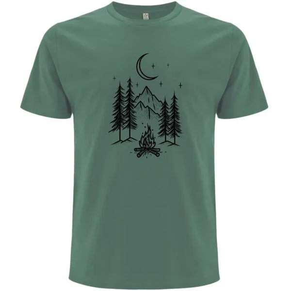Spreecult Spreecult Lagerfeuer - Bio und Fair - Männer Unisex T-Shirt - Zelten Wald Camping, Sage green, – Produktbild 1 von 2